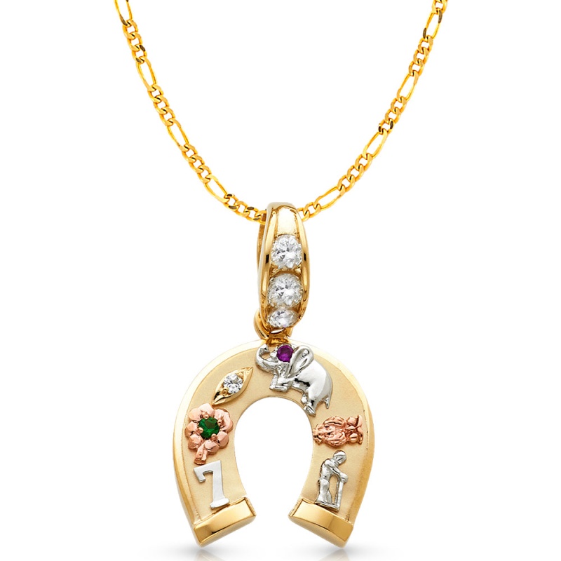 14K Gold Cz Lucky Horseshoe Charm Pendant With 3.8Mm Figaro 3+1 Chain Necklace