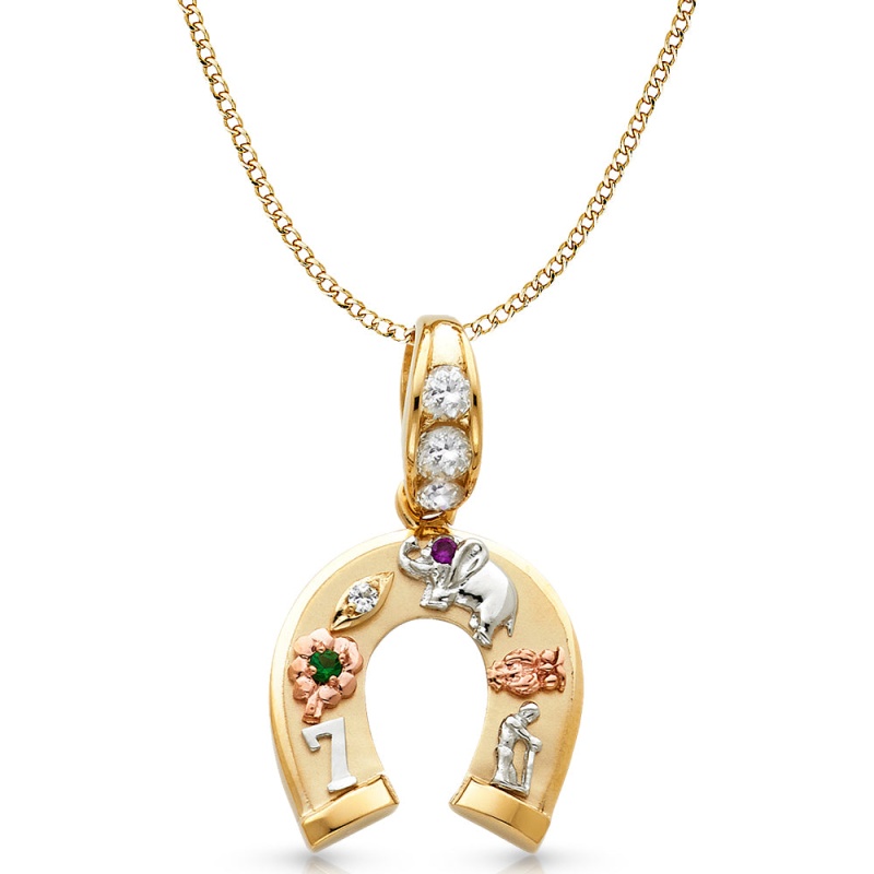 14K Gold Cz Lucky Horseshoe Charm Pendant With 4.9Mm Hollow Cuban Chain Necklace