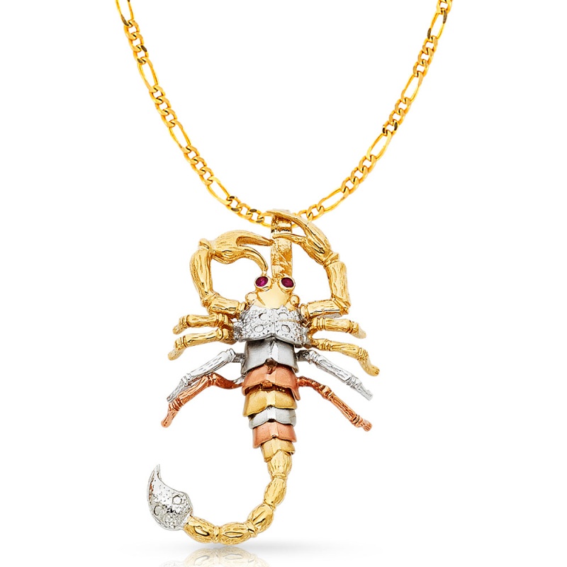 14K Gold Scorpion Charm Pendant With 3.1Mm Figaro 3+1 Chain Necklace