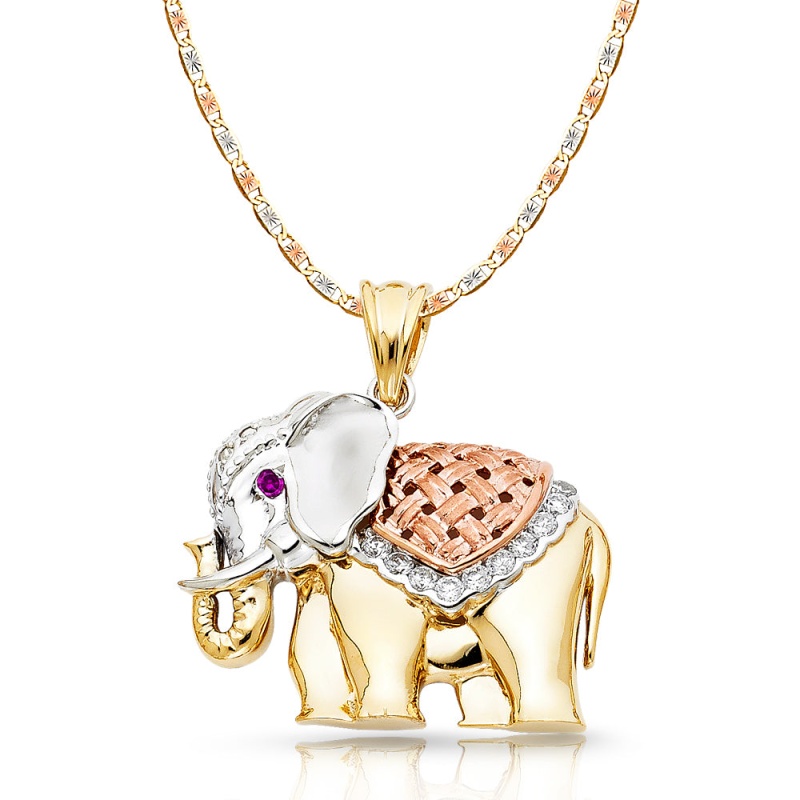 14K Gold Cz Elephant Charm Pendant With 4.2Mm Valentino Star Diamond Cut Chain Necklace