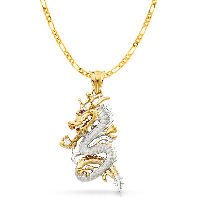 14K Gold Cz Dragon Charm Pendant With 3.1Mm Figaro 3+1 Chain Necklace