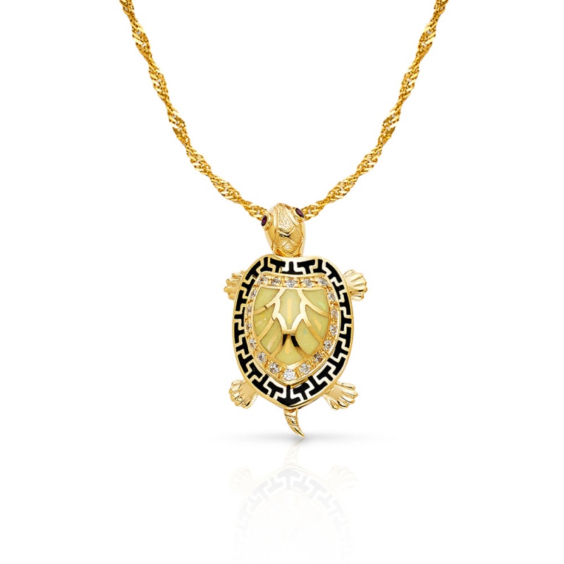 14K Gold Turtle Charm Pendant With 1.8Mm Singapore Chain Necklace