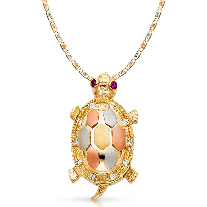 14K Gold Cz Turtle Charm Pendant With 3.3Mm Valentino Star Diamond Cut Chain Necklace