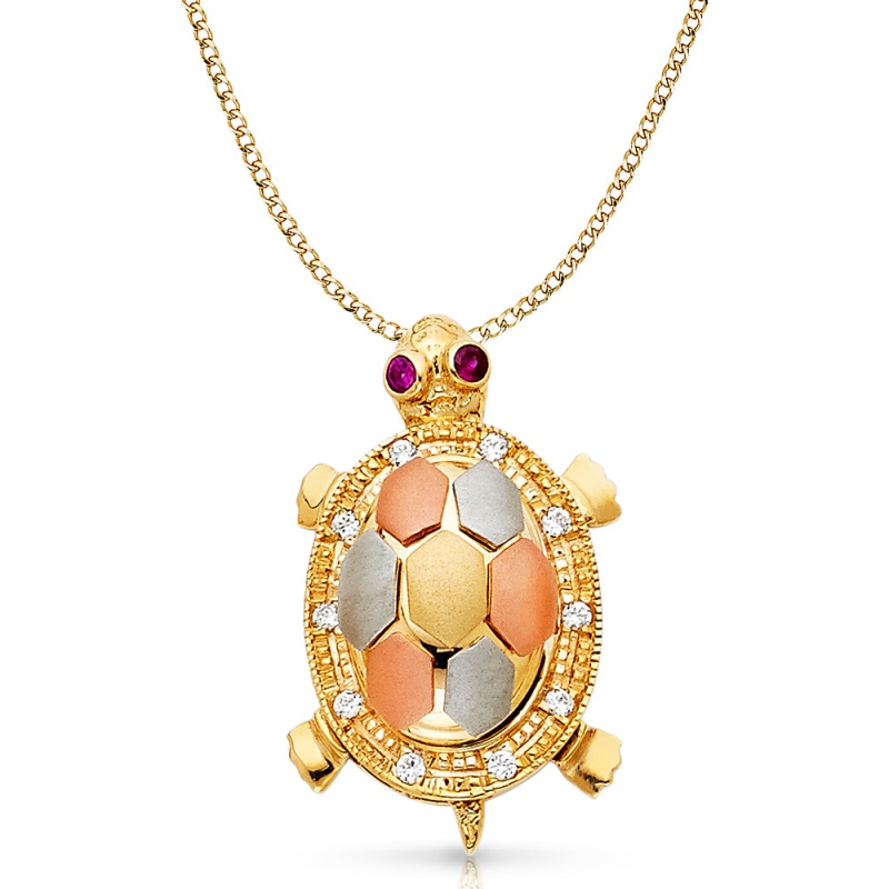 14K Gold Cz Turtle Charm Pendant With 3.4Mm Hollow Cuban Chain Necklace