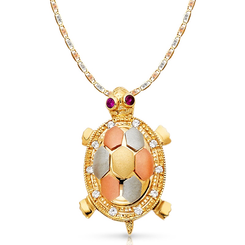 14K Gold Cz Turtle Charm Pendant With 3.3Mm Valentino Star Diamond Cut Chain Necklace