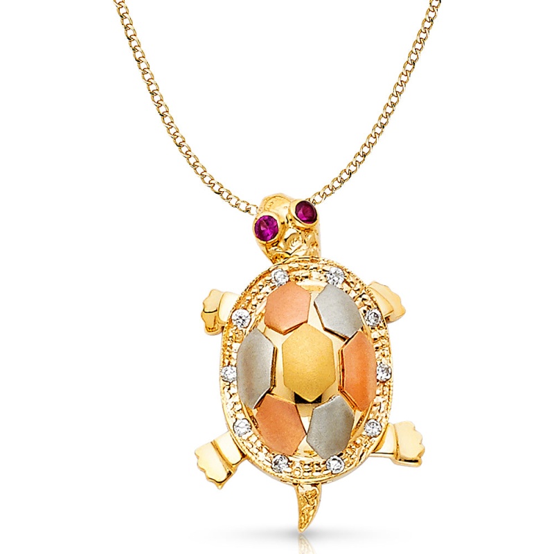 14K Gold Cz Turtle Charm Pendant With 3.4Mm Hollow Cuban Chain Necklace