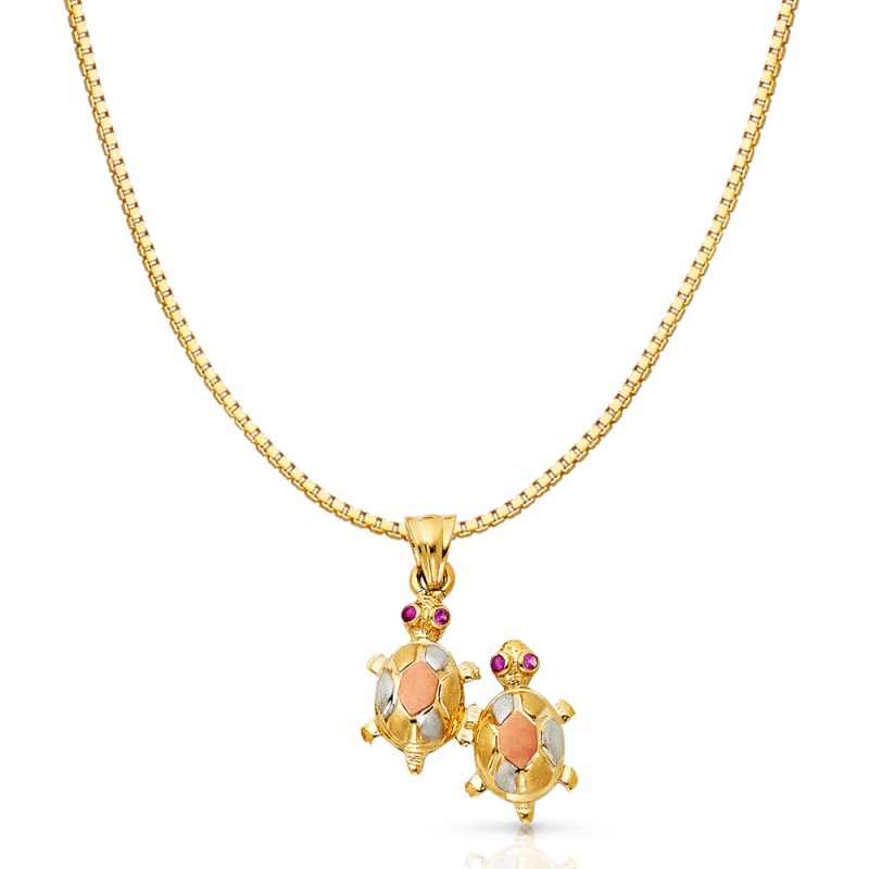 14K Gold Twin Turtle Charm Pendant With 1.2Mm Box Chain Necklace