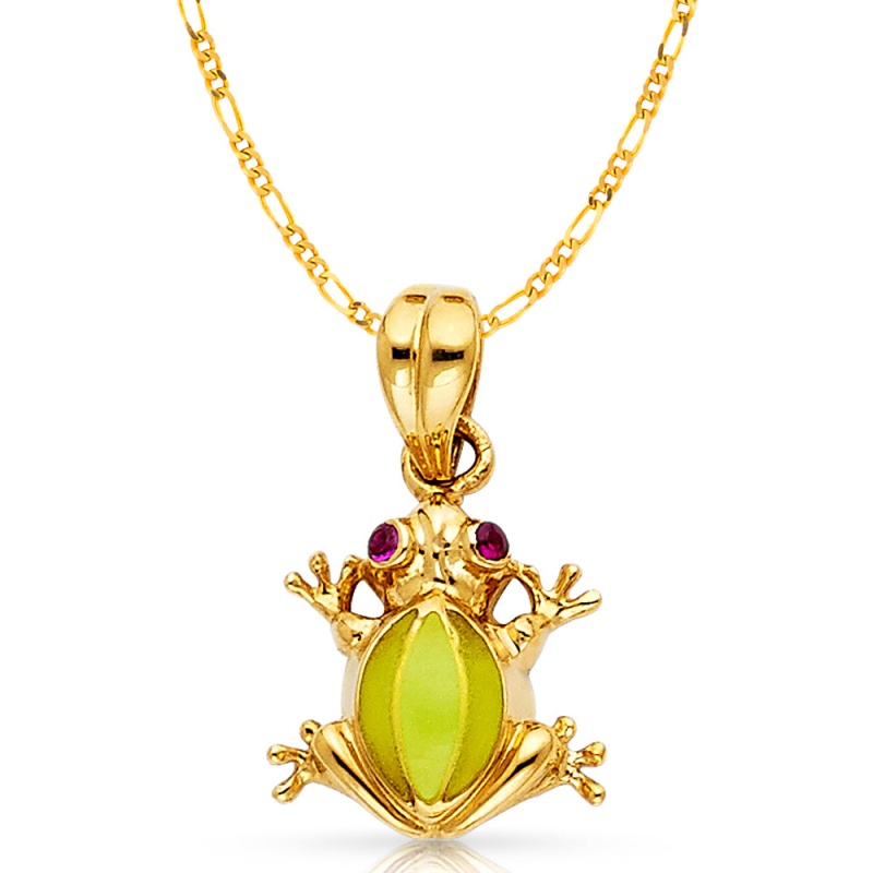 14K Gold Frog Charm Pendant With 2.3Mm Figaro 3+1 Chain Necklace
