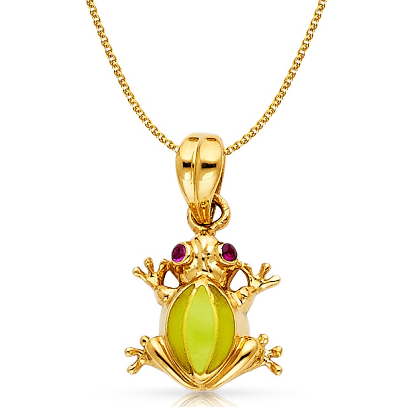 14K Gold Frog Charm Pendant With 1.5Mm Flat Open Wheat Chain Necklace