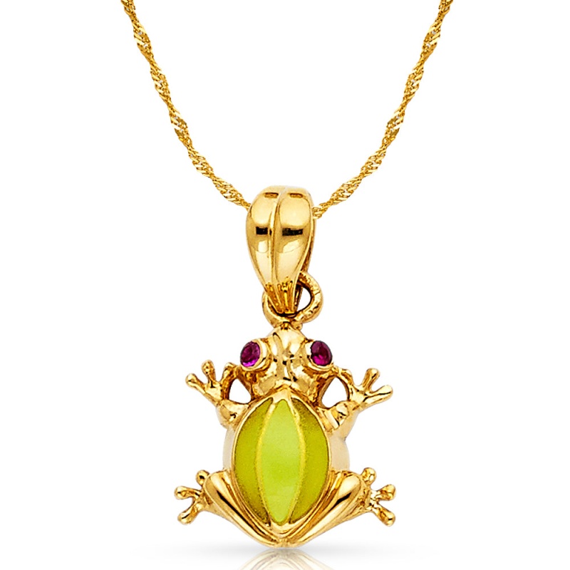 14K Gold Frog Charm Pendant With 1.2Mm Singapore Chain Necklace