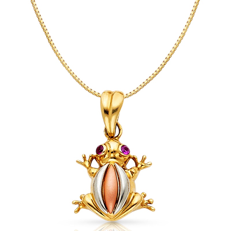 14K Gold Frog Charm Pendant With 0.8Mm Box Chain Necklace