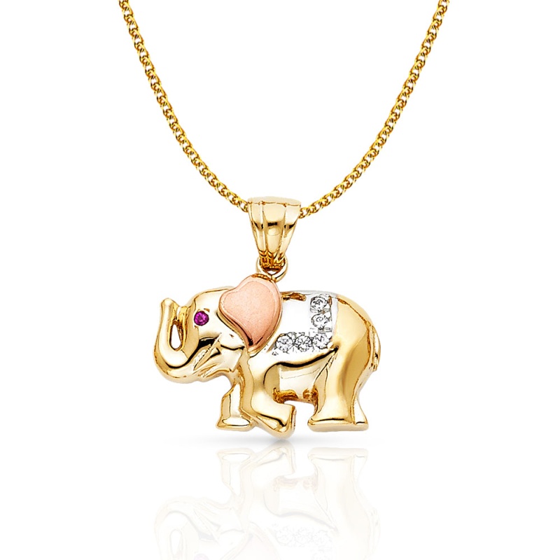 14K Gold Cz Elephant Charm Pendant With 1.5Mm Flat Open Wheat Chain Necklace