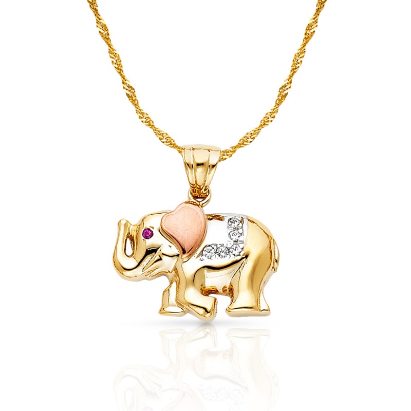 14K Gold Cz Elephant Charm Pendant With 1.2Mm Singapore Chain Necklace