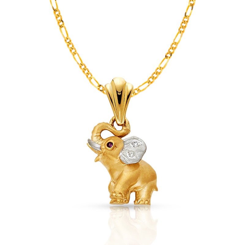 14K Gold Cz Elephant Charm Pendant With 2.3Mm Figaro 3+1 Chain Necklace
