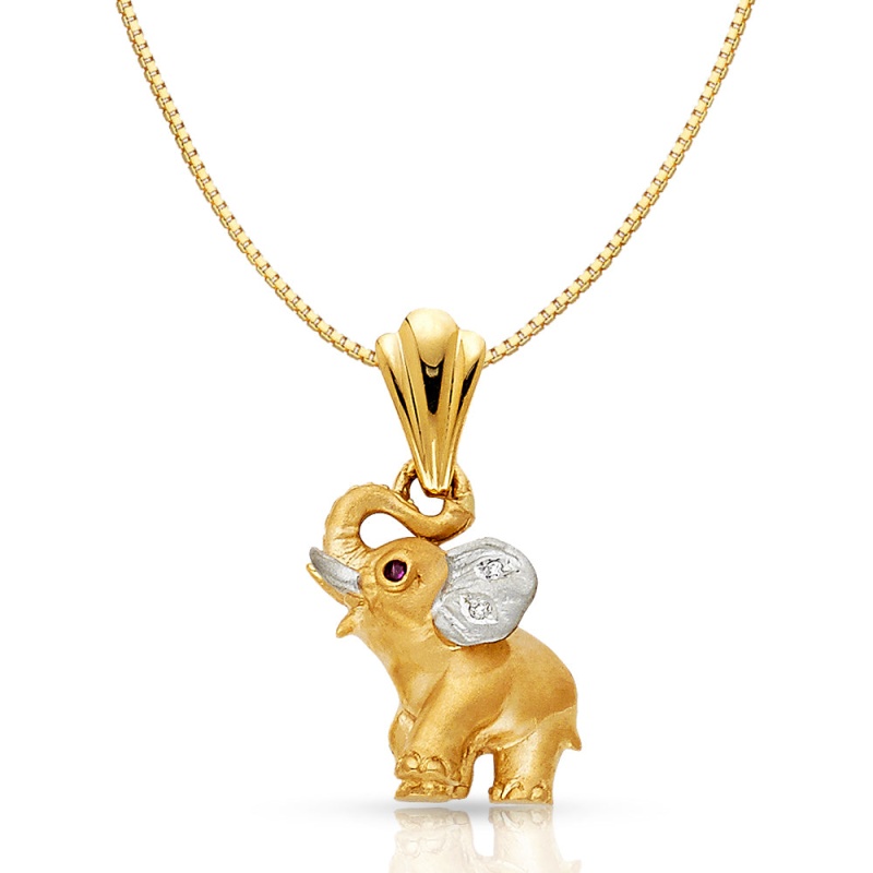 14K Gold Cz Elephant Charm Pendant With 0.8Mm Box Chain Necklace