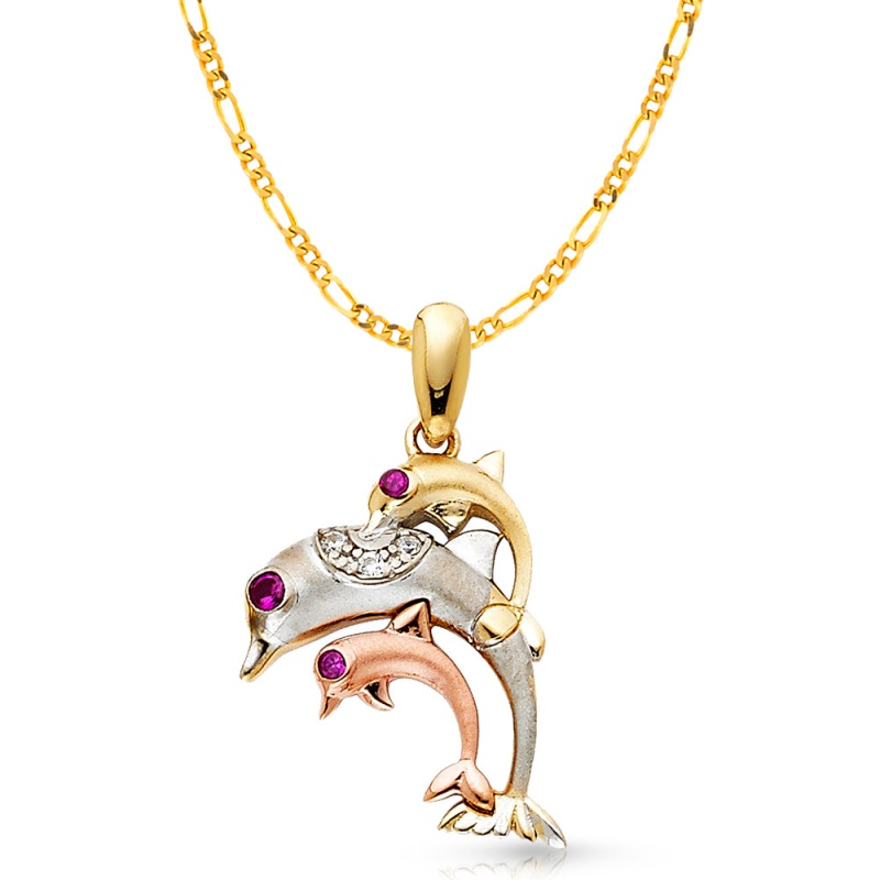 14K Gold Cz Dolphin Charm Pendant With 2.3Mm Figaro 3+1 Chain Necklace
