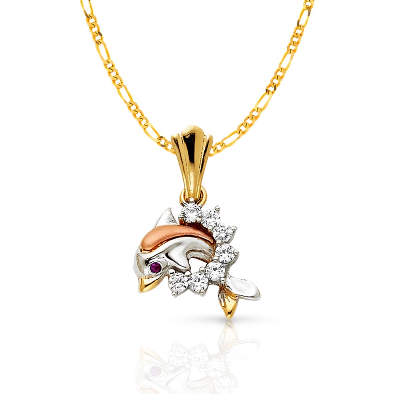 14K Gold Cz Dolphin Charm Pendant With 2.3Mm Figaro 3+1 Chain Necklace