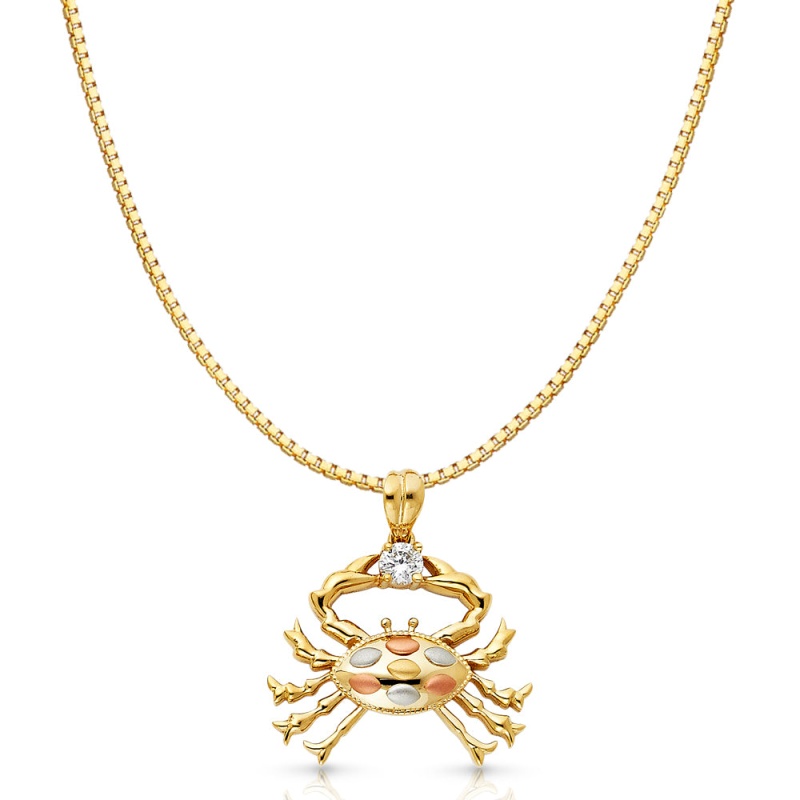 14K Gold Cz Crab Charm Pendant With 1.2Mm Box Chain Necklace