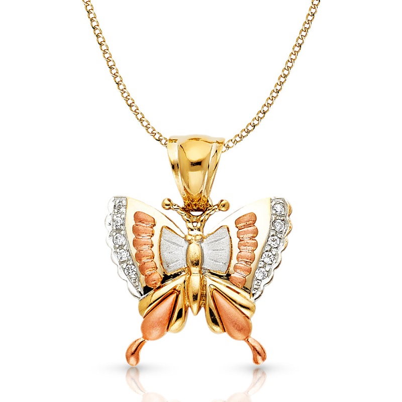 14K Gold Cz Butterfly Charm Pendant With 3.4Mm Hollow Cuban Chain Necklace