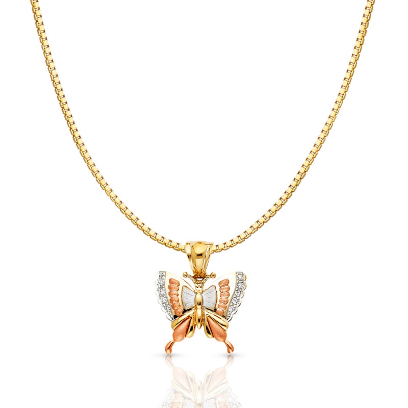 14K Gold Cz Butterfly Charm Pendant With 1.2Mm Box Chain Necklace