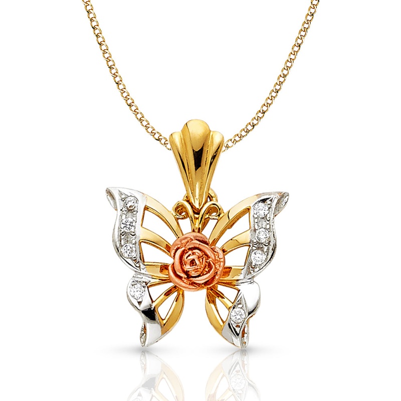 14K Gold Cz Butterfly Charm Pendant With 3.4Mm Hollow Cuban Chain Necklace