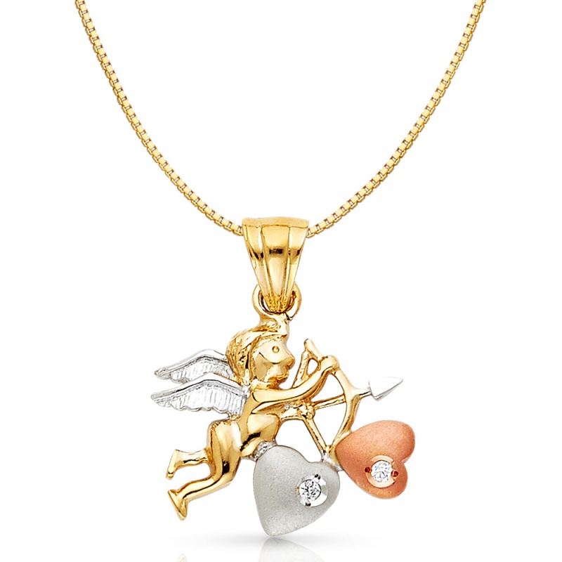 14K Gold Cz Cupid Charm Pendant With 0.8Mm Box Chain Necklace