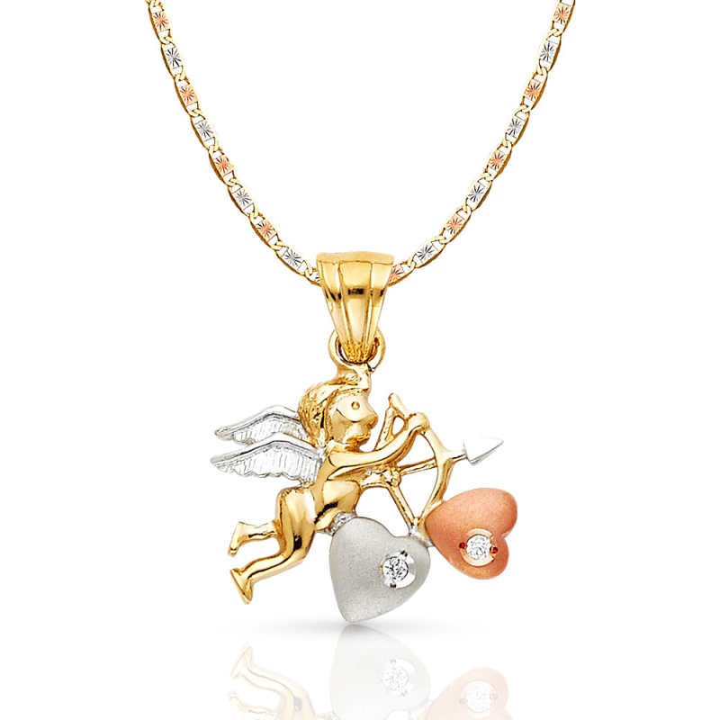 14K Gold Cz Cupid Charm Pendant With 3.3Mm Valentino Star Diamond Cut Chain Necklace