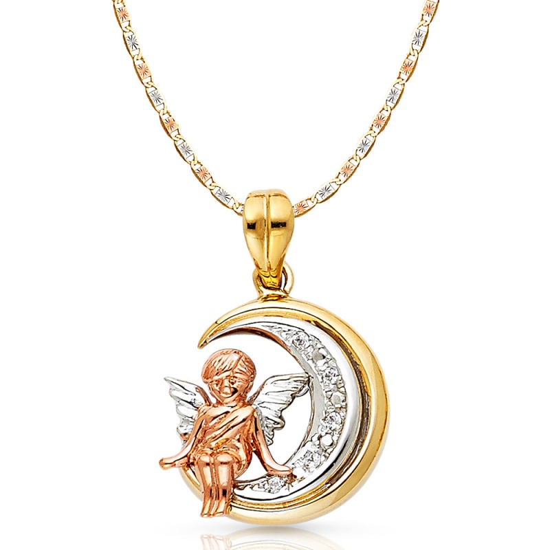 14K Gold Cz Angel Charm Pendant With 3.3Mm Valentino Star Diamond Cut Chain Necklace