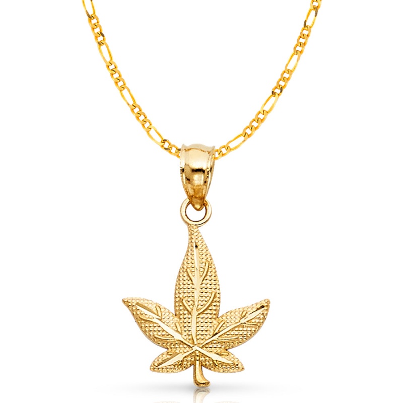 14K Gold Marijuana Leaf Charm Pendant With 3.1Mm Figaro 3+1 Chain Necklace