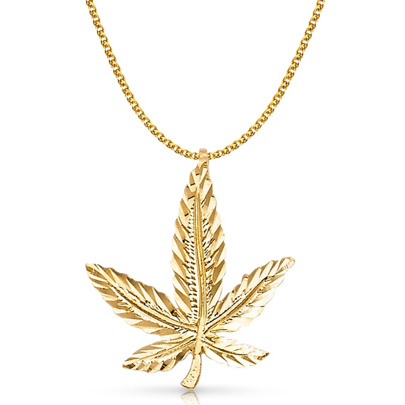 14K Gold Marijuana Leaf Charm Pendant With 1.5Mm Flat Open Wheat Chain Necklace