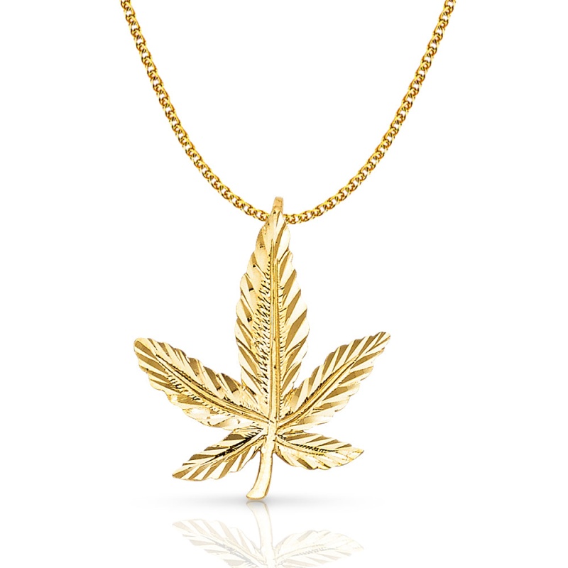 14K Gold Marijuana Leaf Charm Pendant With 1.5Mm Flat Open Wheat Chain Necklace