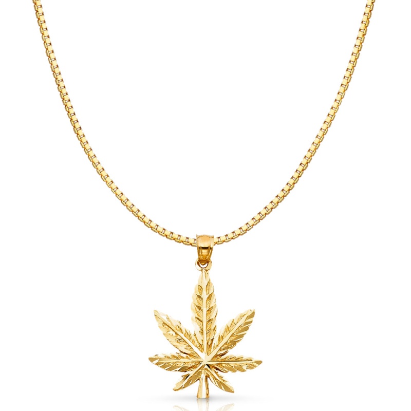 14K Gold Marijuana Leaf Charm Pendant With 1.2Mm Box Chain Necklace