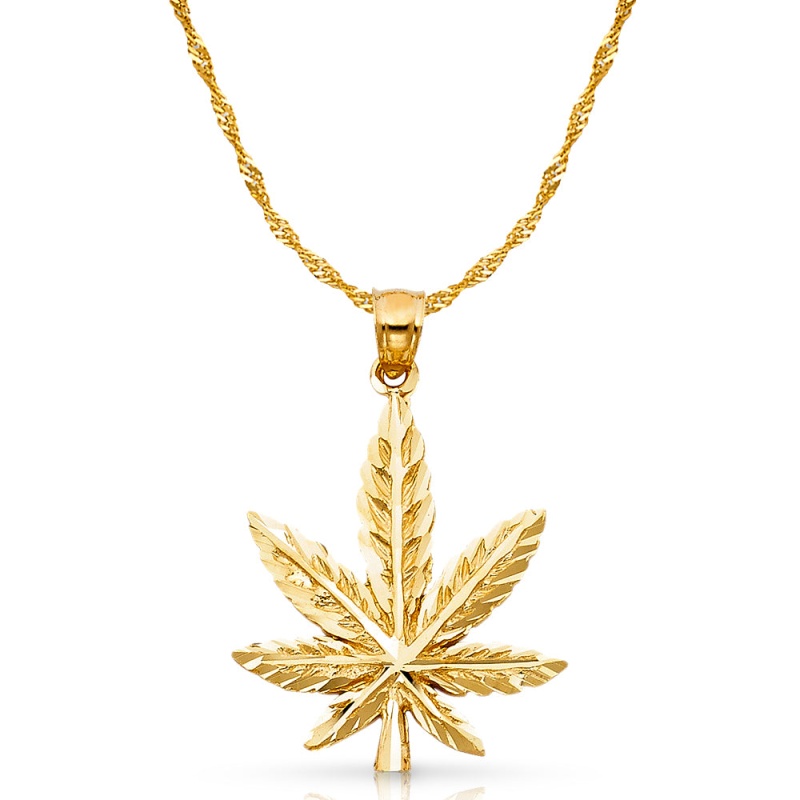 14K Gold Marijuana Leaf Charm Pendant With 1.8Mm Singapore Chain Necklace