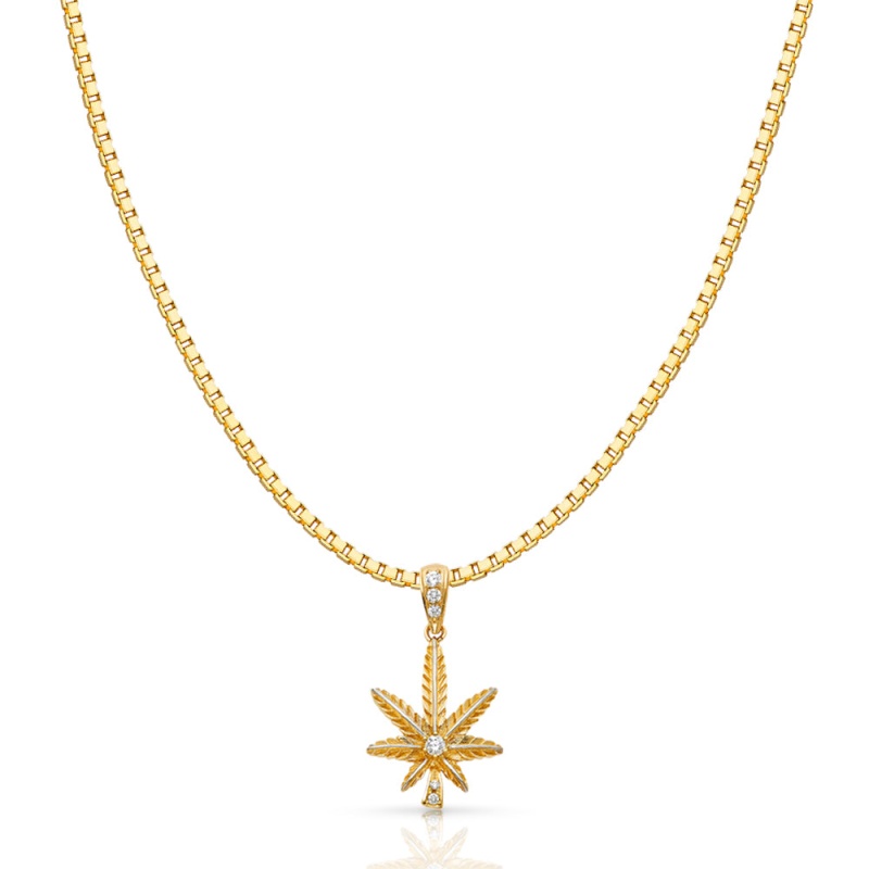 14K Gold Cz Marijuana Leaf Charm Pendant With 1.2Mm Box Chain Necklace