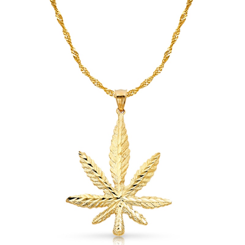 14K Gold Marijuana Leaf Charm Pendant With 1.8Mm Singapore Chain Necklace