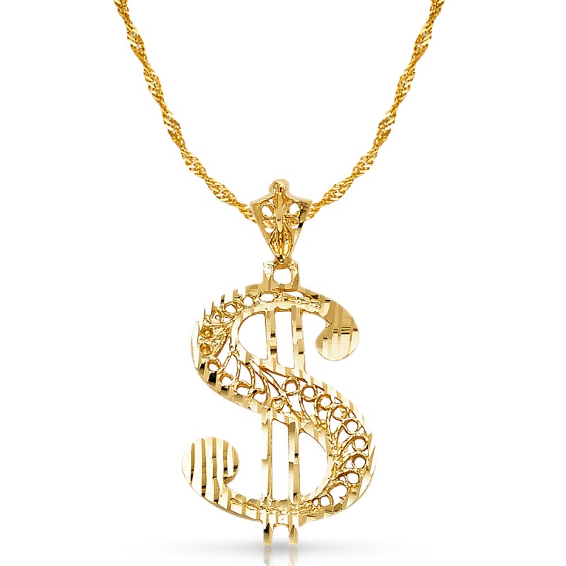 14K Gold Dollar Sign Charm Pendant With 1.8Mm Singapore Chain Necklace