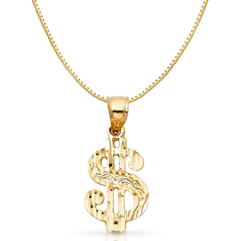 14K Gold Dollar Sign Charm Pendant With 0.8Mm Box Chain Necklace