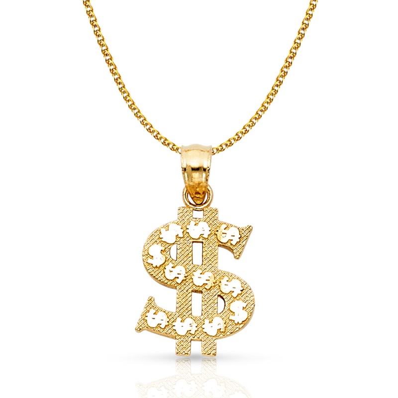 14K Gold Dollar Sign Charm Pendant With 1.7Mm Flat Open Wheat Chain Necklace