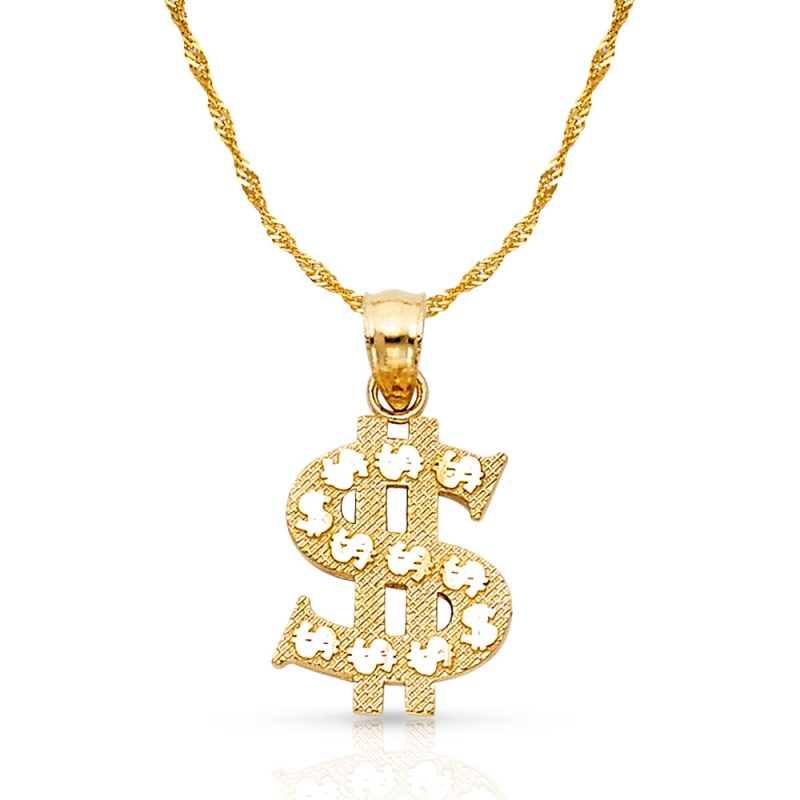 14K Gold Dollar Sign Charm Pendant With 1.2Mm Singapore Chain Necklace