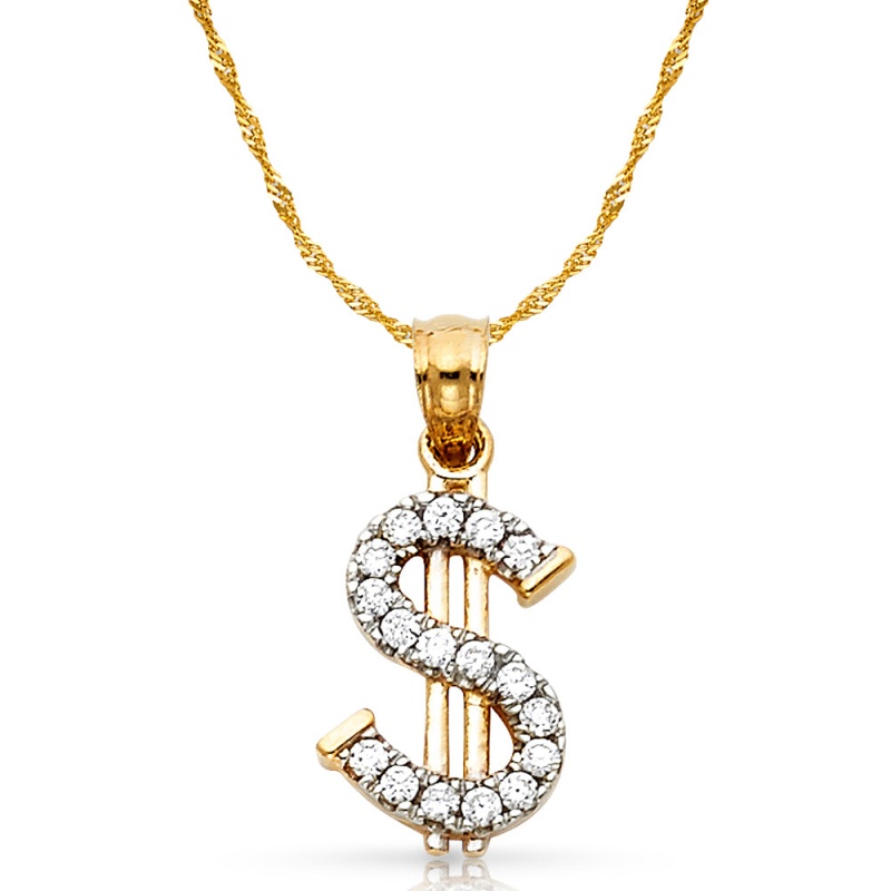 14K Gold Cz Dollar Sign Charm Pendant With 1.2Mm Singapore Chain Necklace