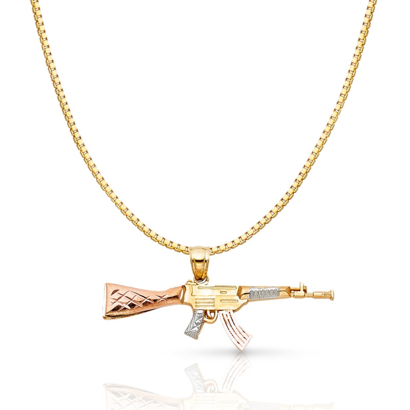 14K Gold Rifle Gun Charm Pendant With 1.2Mm Box Chain Necklace