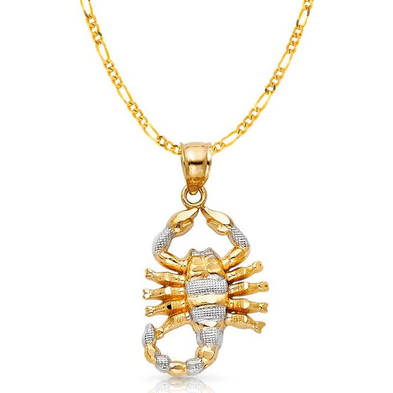 14K Gold Scorpion Charm Pendant With 3.1Mm Figaro 3+1 Chain Necklace