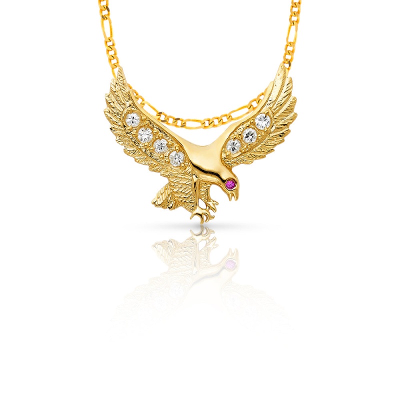 14K Gold Cz Eagle Charm Pendant With 3.1Mm Figaro 3+1 Chain Necklace