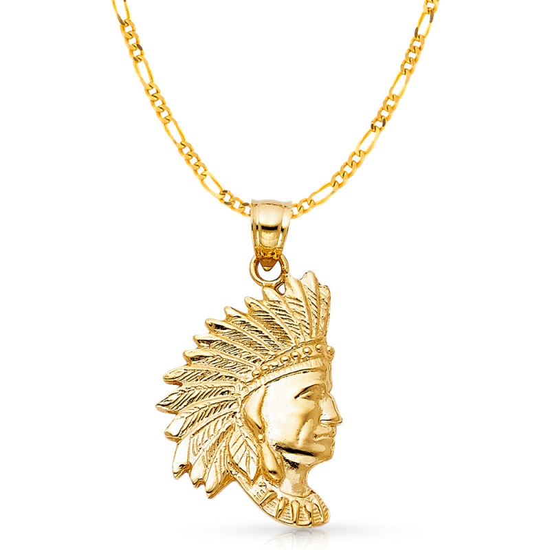 14K Gold Indian Charm Pendant With 3.1Mm Figaro 3+1 Chain Necklace