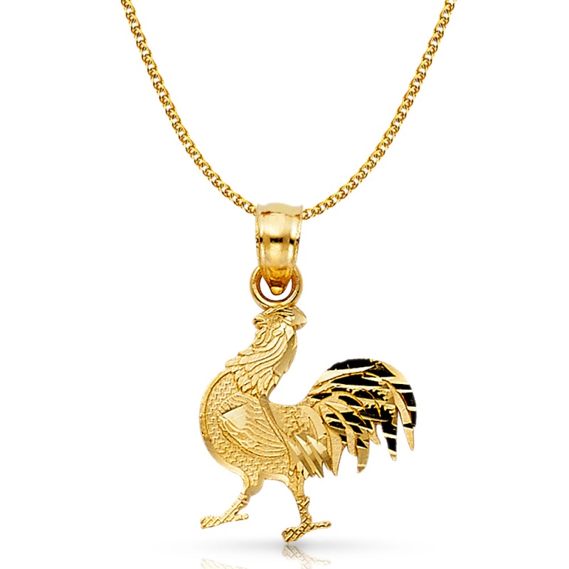 14K Gold Rooster Charm Pendant With 1.5Mm Flat Open Wheat Chain Necklace
