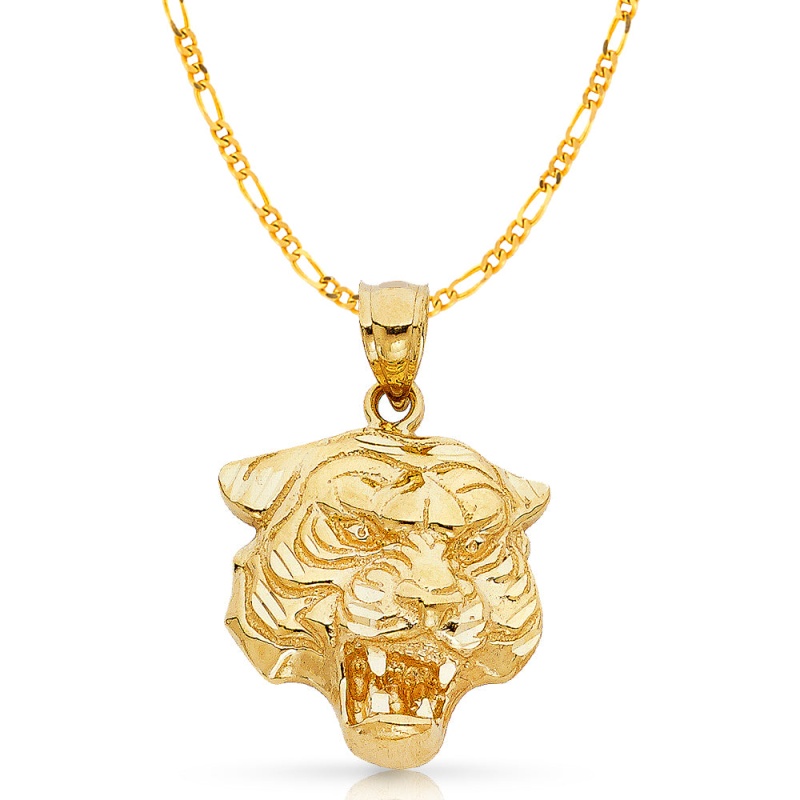 14K Gold Tiger Charm Pendant With 3.1Mm Figaro 3+1 Chain Necklace
