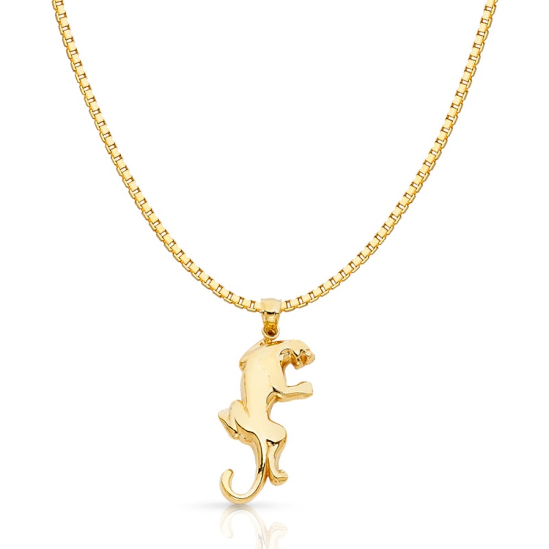 14K Gold Puma Charm Pendant With 1.2Mm Box Chain Necklace