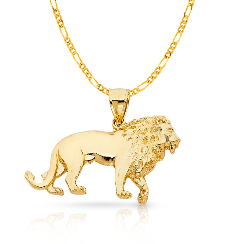 14K Gold Lion Charm Pendant With 3.1Mm Figaro 3+1 Chain Necklace