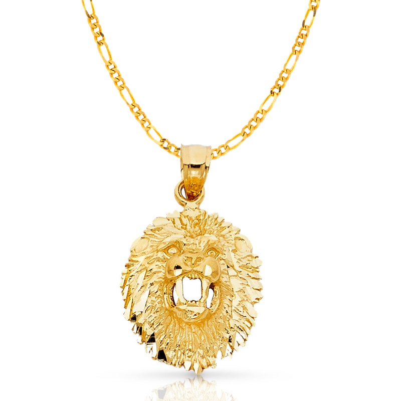14K Gold Lion Charm Pendant With 3.1Mm Figaro 3+1 Chain Necklace