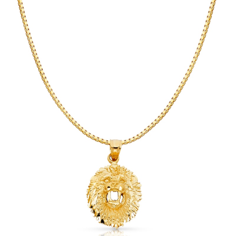 14K Gold Lion Charm Pendant With 1.2Mm Box Chain Necklace